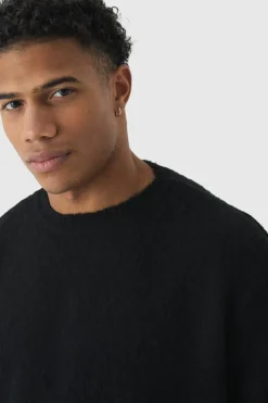Clearance boohooMAN Fluffy Knit Crew Neck Oversized Jumper black