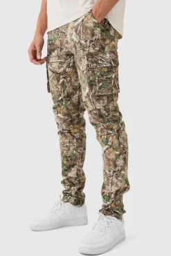 Fashion boohooMAN Forest Camo Slim Stacked Multi Cargo Trouser khaki