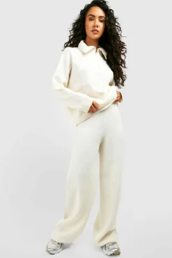 Cheap boohoo Funnel Neck And Wide Leg Trouser Knitted Tracksuit ecru