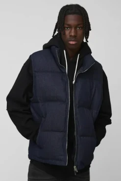 Best boohooMAN Funnel Neck Denim Puffer Panelled Gilet indigo