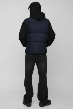 Best boohooMAN Funnel Neck Denim Puffer Panelled Gilet indigo