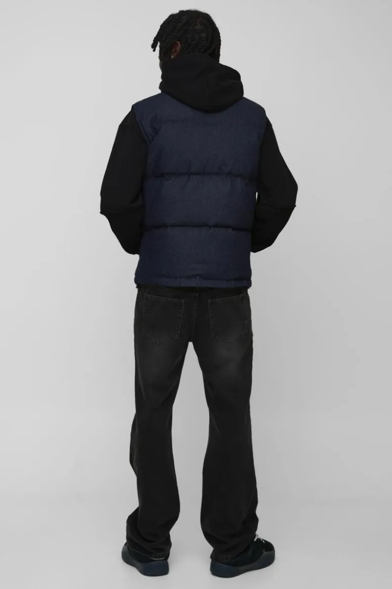 Best boohooMAN Funnel Neck Denim Puffer Panelled Gilet indigo
