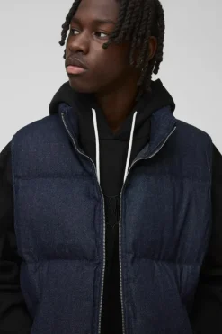 Best boohooMAN Funnel Neck Denim Puffer Panelled Gilet indigo
