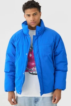 Cheap boohooMAN Funnel Neck Padded Jacket In cobalt