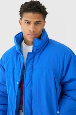 Cheap boohooMAN Funnel Neck Padded Jacket In cobalt