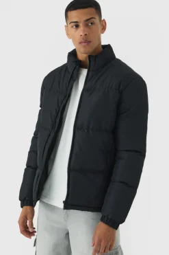 New boohooMAN Funnel Neck Puffer Jacket in black