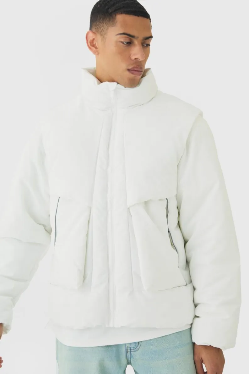 Clearance boohooMAN Funnel Neck Puffer Jacket With Removeable Sleeves In white