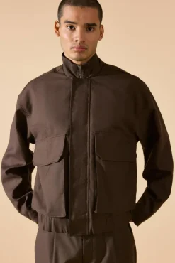 Cheap boohooMAN Funnel Neck Relaxed Fit Utility Smart Jacket chocolate