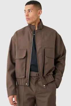 Cheap boohooMAN Funnel Neck Relaxed Fit Utility Smart Jacket chocolate