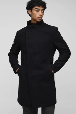 Shop boohooMAN Funnel Neck Wool Look Overcoat in black