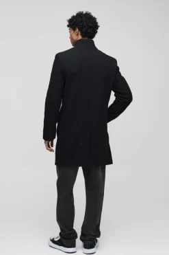 Shop boohooMAN Funnel Neck Wool Look Overcoat in black