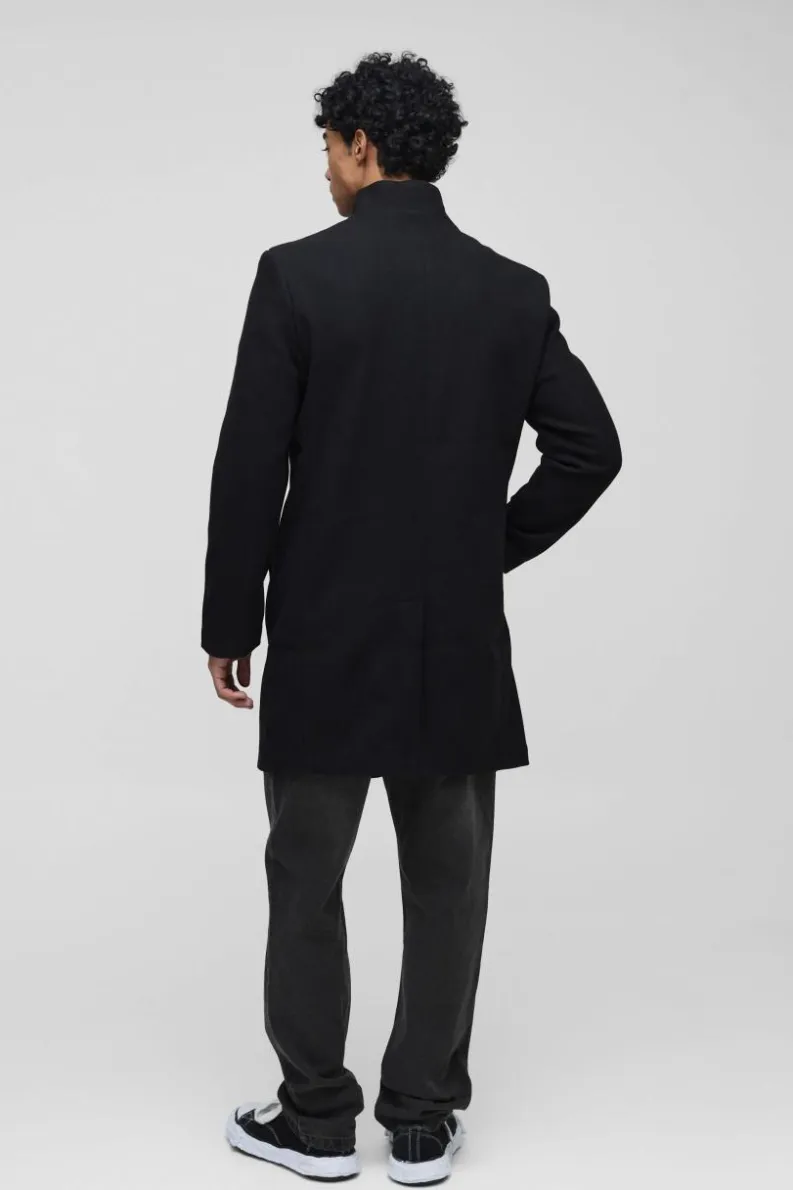 Shop boohooMAN Funnel Neck Wool Look Overcoat in black