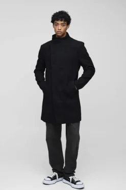 Shop boohooMAN Funnel Neck Wool Look Overcoat in black