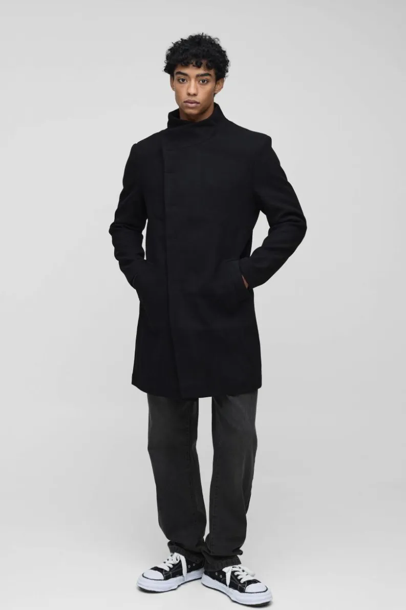 Shop boohooMAN Funnel Neck Wool Look Overcoat in black
