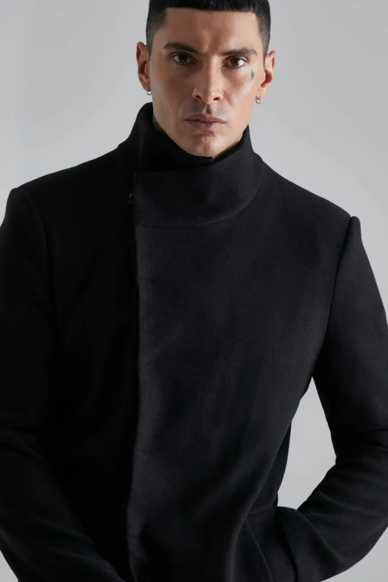 Shop boohooMAN Funnel Neck Wool Look Overcoat in black