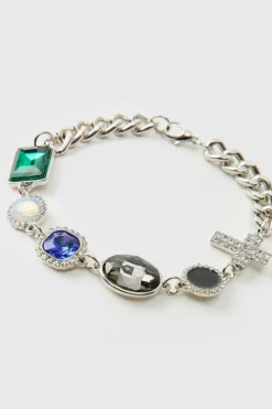 Shop boohooMAN Gemstone And Cross Bracelet silver