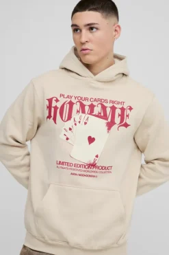 Flash Sale boohooMAN Gothic Cards Graphic Hoodie sand