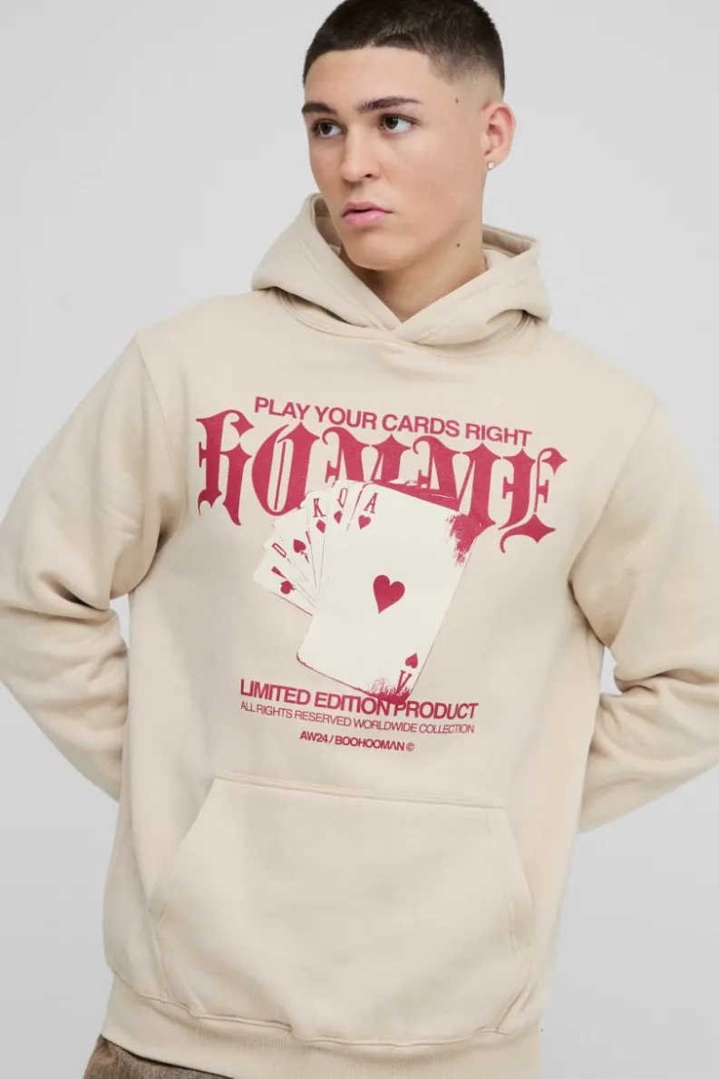 Flash Sale boohooMAN Gothic Cards Graphic Hoodie sand
