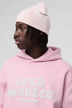 Online boohooMAN Gothic Heart Graphic Beanie pink