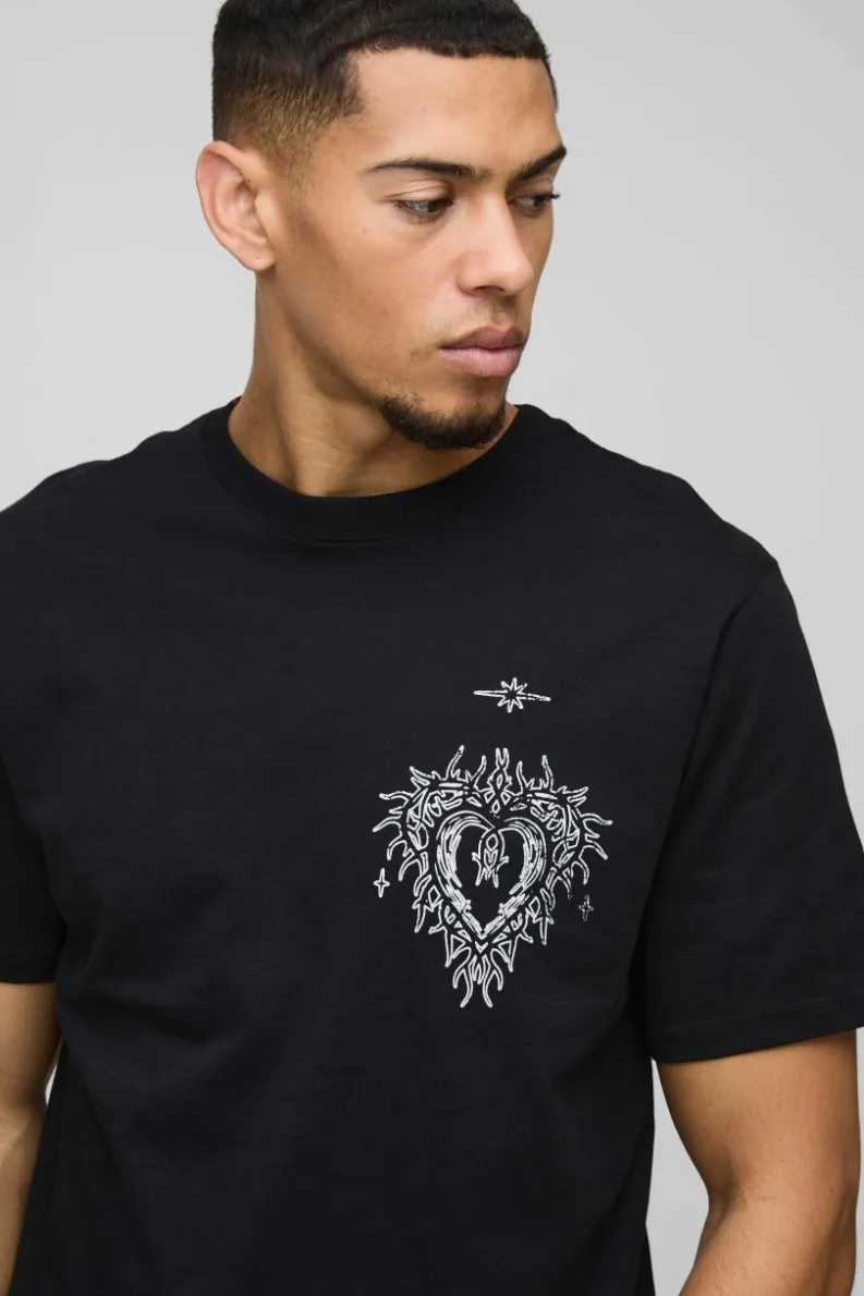 Store boohooMAN Gothic Heart Print T-Shirt black