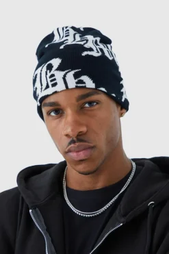 New boohooMAN Gothic Logo Jacquard Beanie black