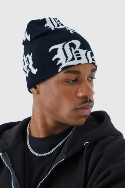 New boohooMAN Gothic Logo Jacquard Beanie black
