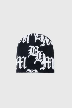 New boohooMAN Gothic Logo Jacquard Beanie black