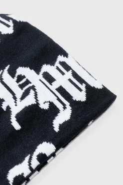 New boohooMAN Gothic Logo Jacquard Beanie black