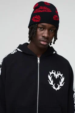 Fashion boohooMAN Graphic Lips Beanie black
