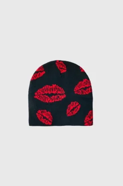Fashion boohooMAN Graphic Lips Beanie black