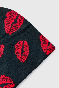 Fashion boohooMAN Graphic Lips Beanie black