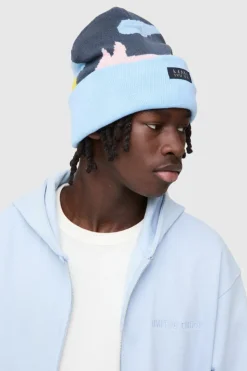 New boohooMAN Graphic Print Beanie In blue