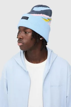 New boohooMAN Graphic Print Beanie In blue
