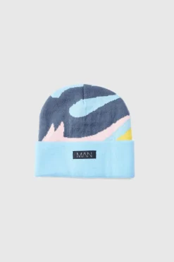 New boohooMAN Graphic Print Beanie In blue