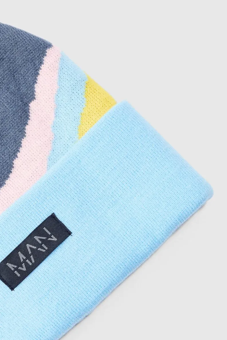 New boohooMAN Graphic Print Beanie In blue