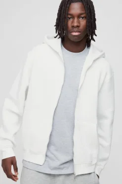 Store boohooMAN 330GSM Basic Zip Through Hoodie white