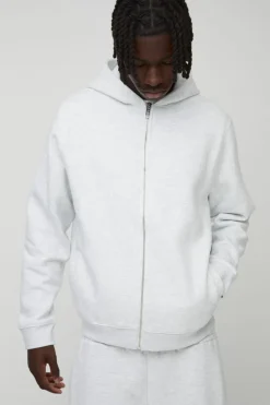 Sale boohooMAN 330GSM Basic Zip Through Hoodie ash grey