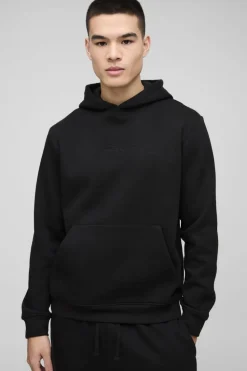 Shop boohooMAN 330GSM BM Signature Over The Head Hoodie black