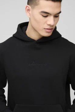 Shop boohooMAN 330GSM BM Signature Over The Head Hoodie black