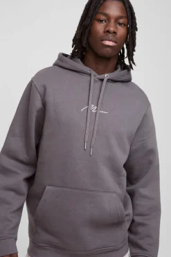 Online boohooMAN 330GSM Man Signature Over The Head Hoodie charcoal