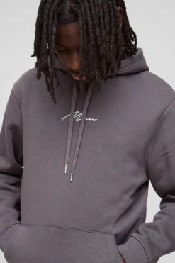 Online boohooMAN 330GSM Man Signature Over The Head Hoodie charcoal