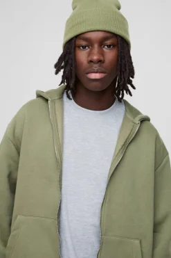 Discount boohooMAN 330GSM Oversized Basic Zip Through Hoodie olive