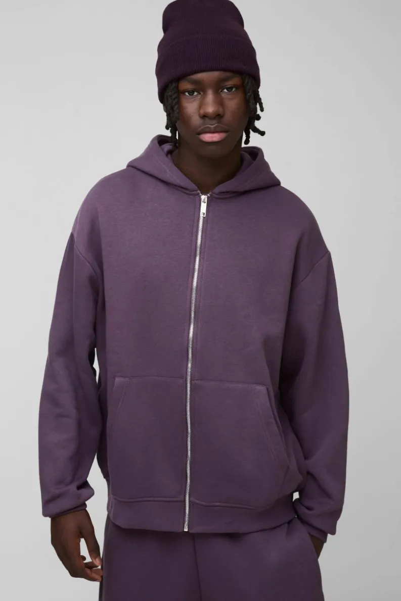 Online boohooMAN 330GSM Oversized Basic Zip Through Hoodie purple
