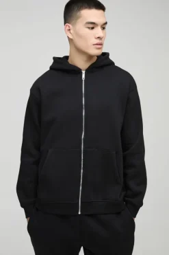 Shop boohooMAN 330GSM Oversized Basic Zip Through Hoodie black