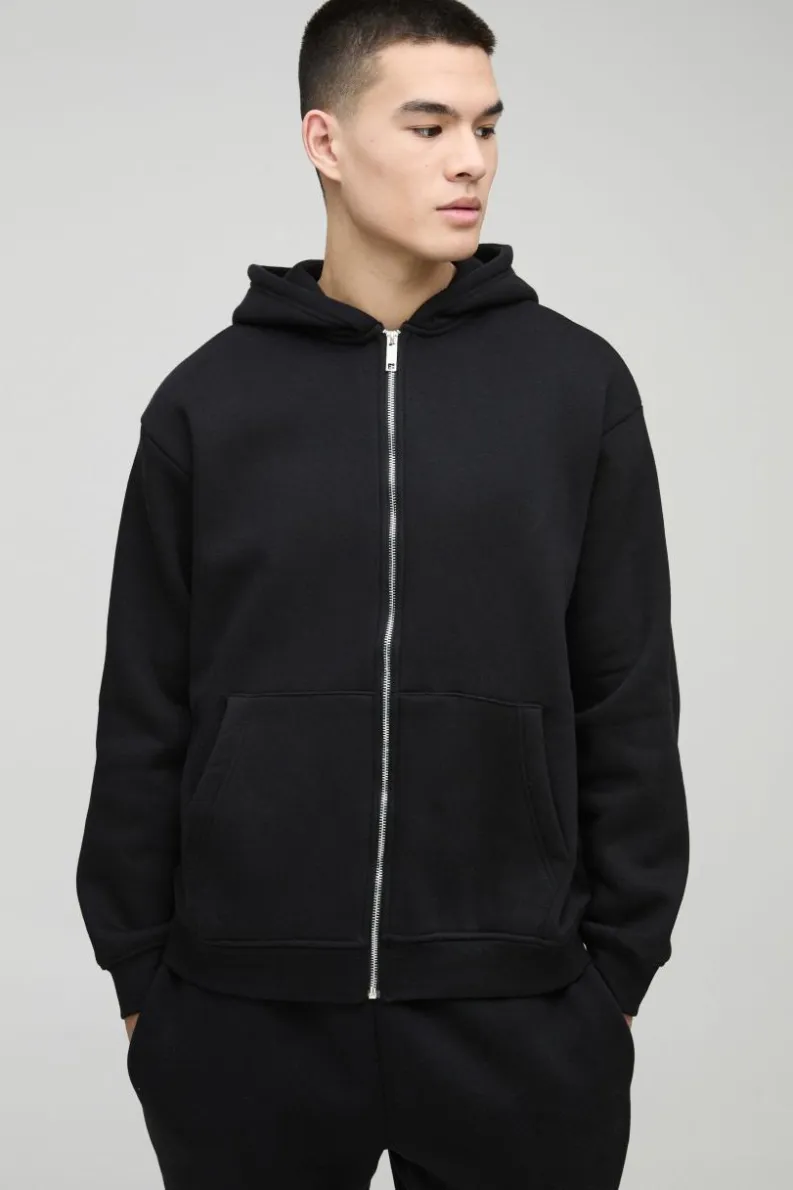 Shop boohooMAN 330GSM Oversized Basic Zip Through Hoodie black