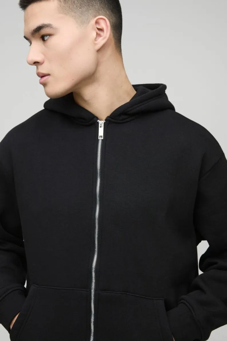 Shop boohooMAN 330GSM Oversized Basic Zip Through Hoodie black