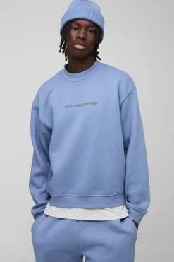 Best Sale boohooMAN 330GSM Oversized Boxy Extended Neck Limited high Build Print Sweatshirt dusty blue