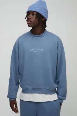 Clearance boohooMAN 330GSM Oversized Boxy Extended Neck Peached Embroidered Text Sweatshirt ink