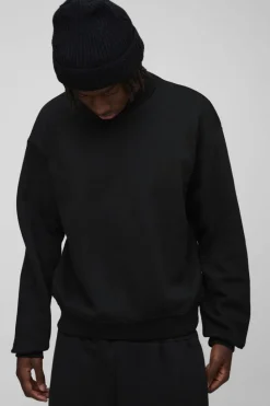 Store boohooMAN 330GSM Oversized Boxy Extended Neck Limited high Build Print Sweatshirt black