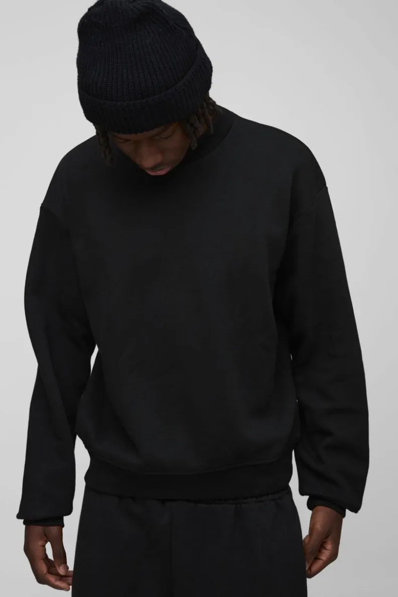 Store boohooMAN 330GSM Oversized Boxy Extended Neck Limited high Build Print Sweatshirt black